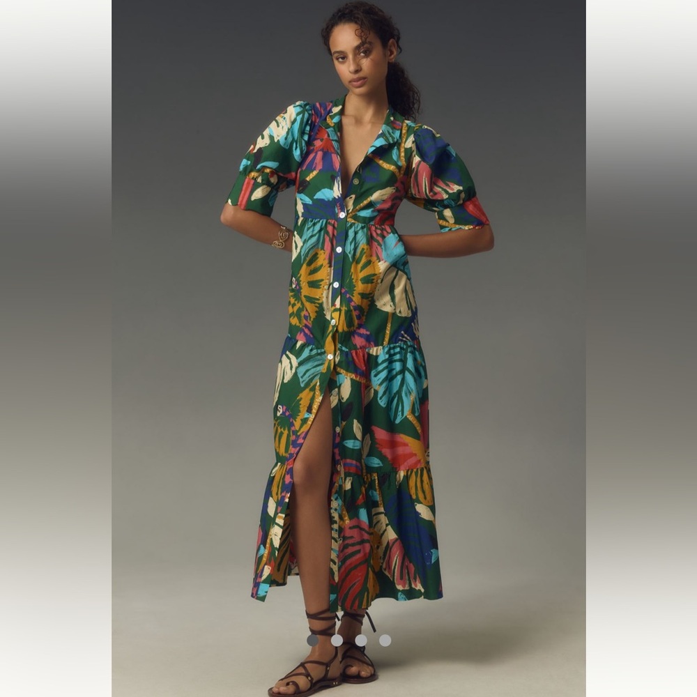 FARM Rio Green and Red Puff Sleeve Maxi Dress Resort Wear